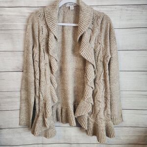 6/$30 SALE By Design Women's Open Cardigan Sweater Ruffles Tan Medium Y2k